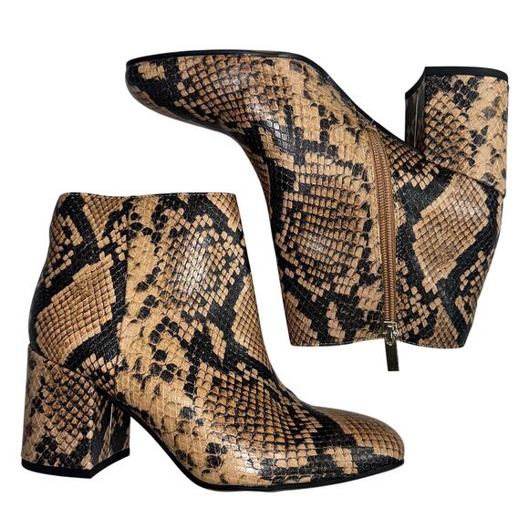 Franco Sarto Snake Print Ankle Boots Sz 7.5M Tan Black Block Heel Leather Bootie - Picture 1 of 7